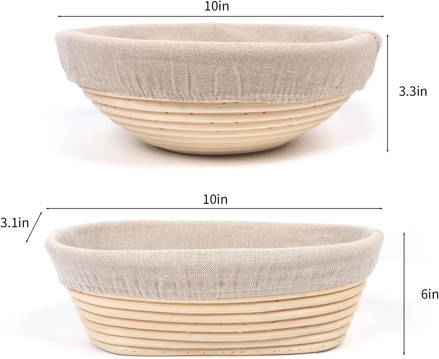 Banneton Bread Proofing Basket Set, 11 Inch Sourdough Proofing Basket and Bread Baking Supplies-Bread Lame, Danish Whisk, Bowl & Dough Scraper, Brush, (Rattan, 10in Round +10in Oval+1 Set Jar Kit)