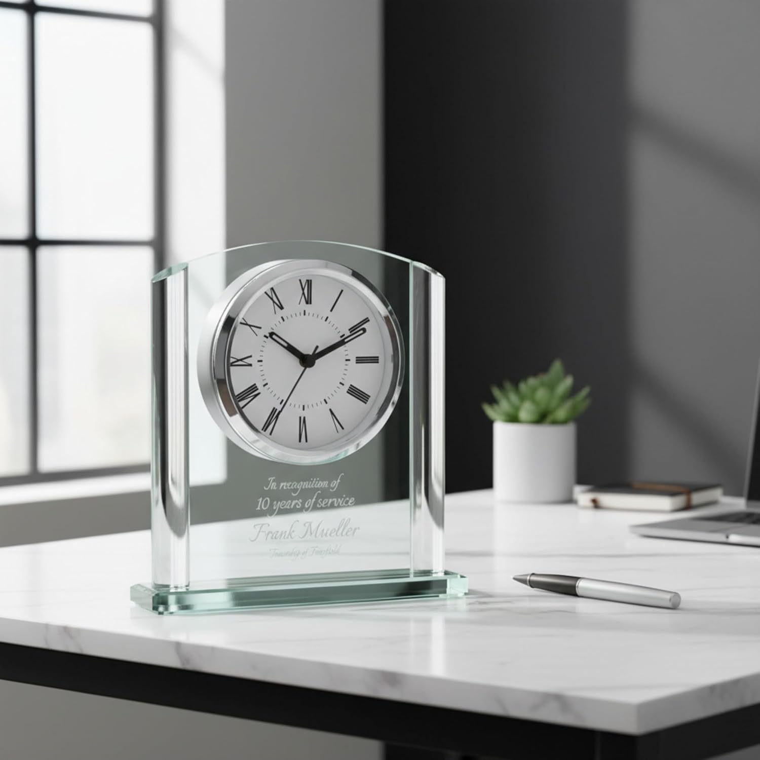 Personalized 6 1/4" Arch Glass Clock Award, Custom Engraved Glass Desk Clock for Employee Appreciation, Recognition, Retirement