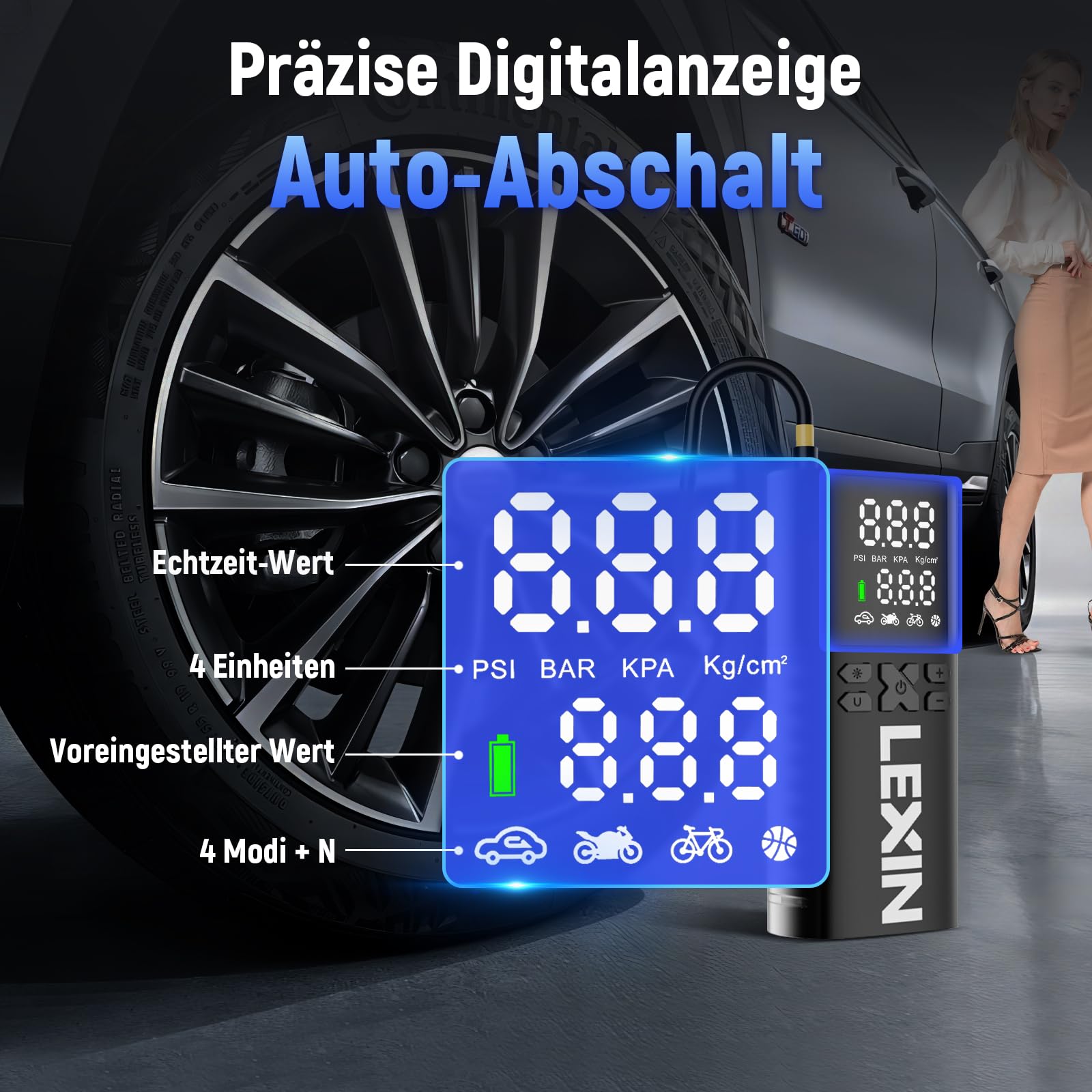 LEXIN Elektrische Luftpumpe, Akku Kompressor, Tragbare Luftpumpe Fahrrad 150 PSI (10,3 Bar), Luftkompressor für Fahrrad Auto Motorrad Bälle, Mini Reifenpumpe mit LED-Anzeige, Notbeleuchtung