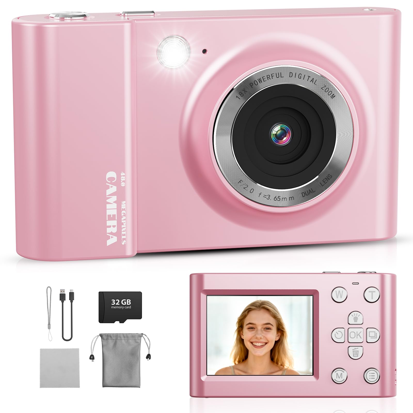 Cámara digital 4K 64MP FHD cámara fotográfica para niños, zoom digital de 18 x cámara compacta con pantalla de 2,4 pulgadas, antivibración, flash LED, tarjeta SD de 32 GB, cámara de fotos para niños
