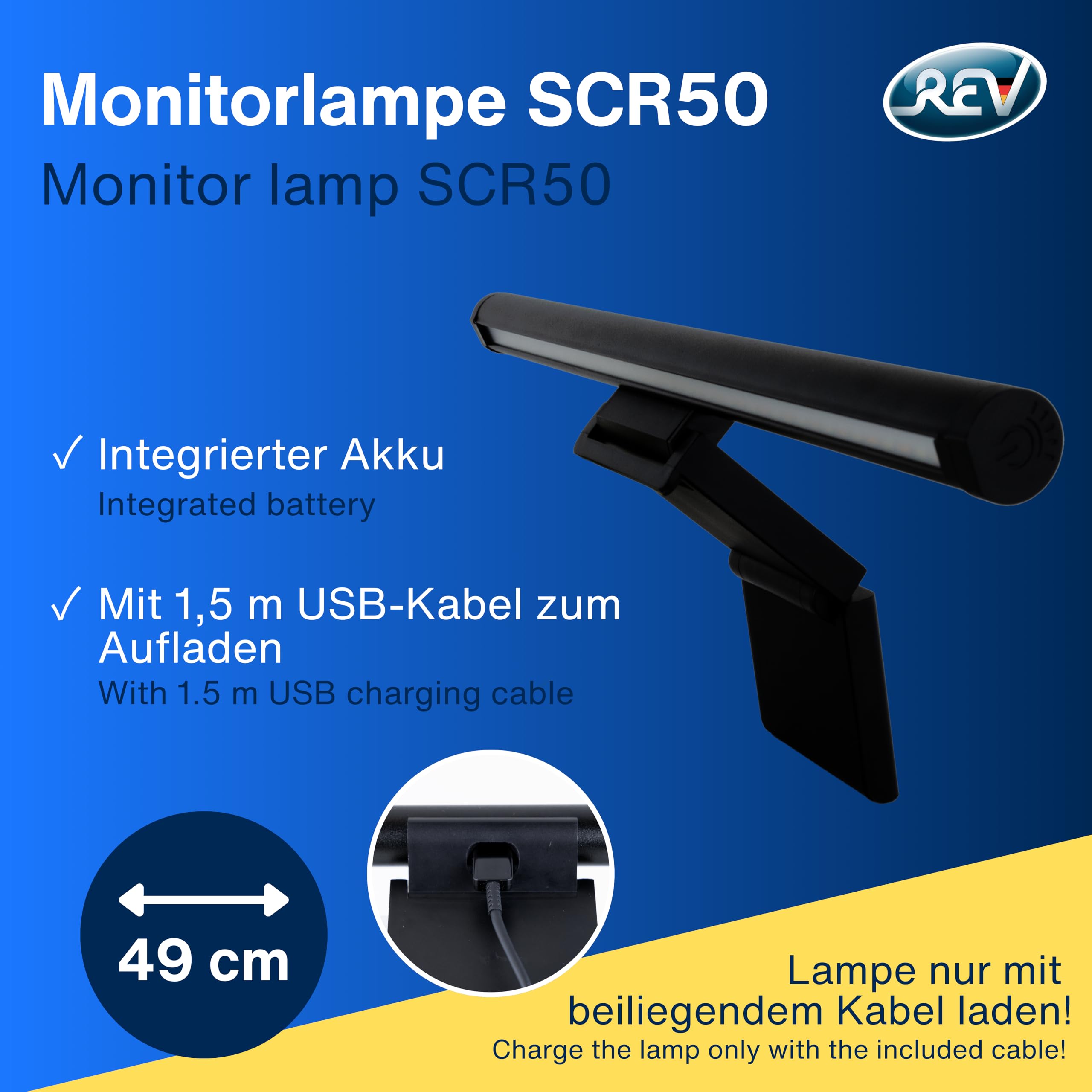 REV Lampada per monitor USB con batteria di emergenza, ca. 60 minuti, 49 cm, morsetto, 130 lm, 3 colori, nero