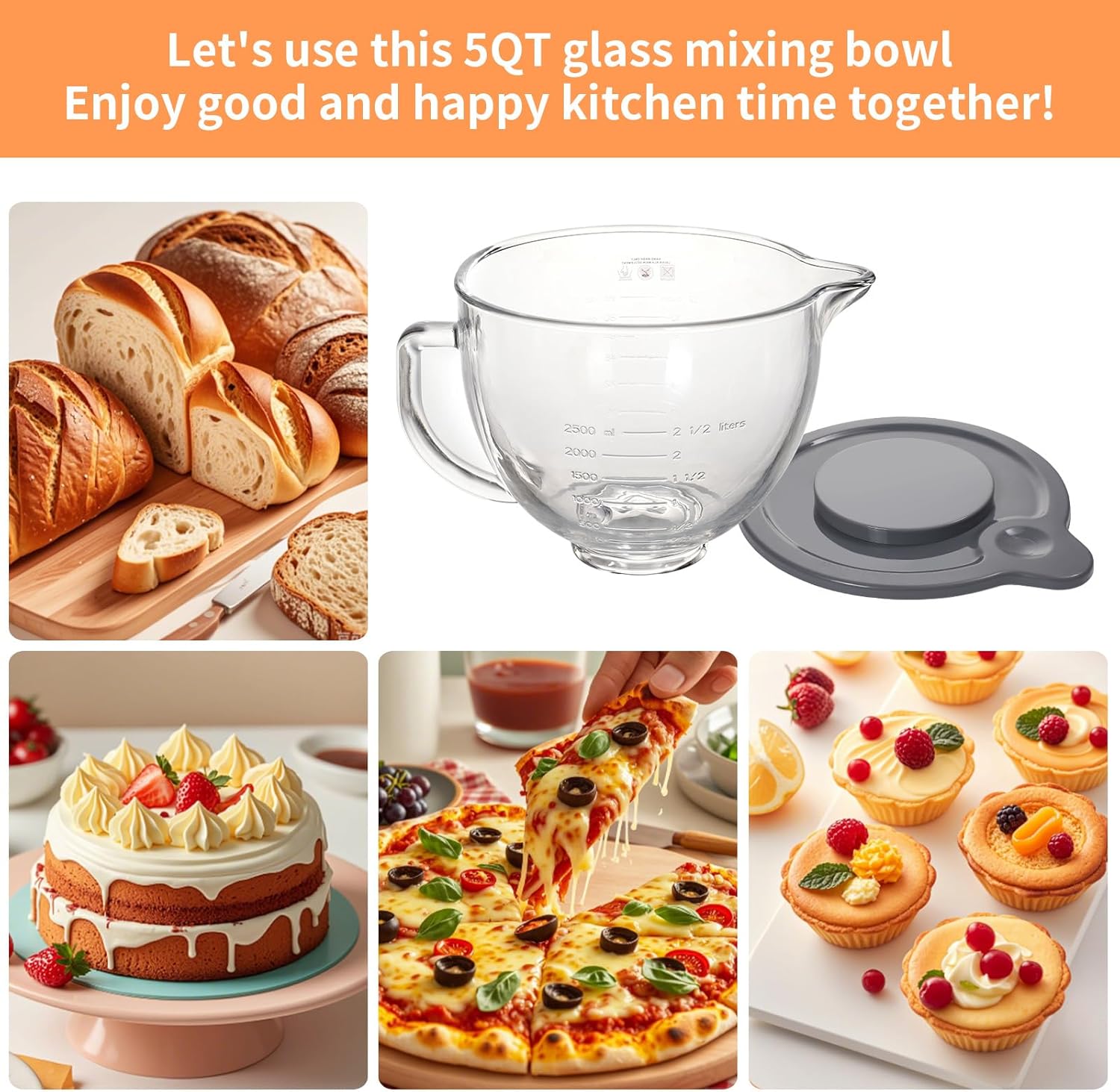 5QT Glass Bowl Compatible with KitchenAid 4.5 and 5-Quart Tilt Stand Mixers,Glass Mixing Bowl with Lid, Measurement Markers and Handle, Dishwasher Safe