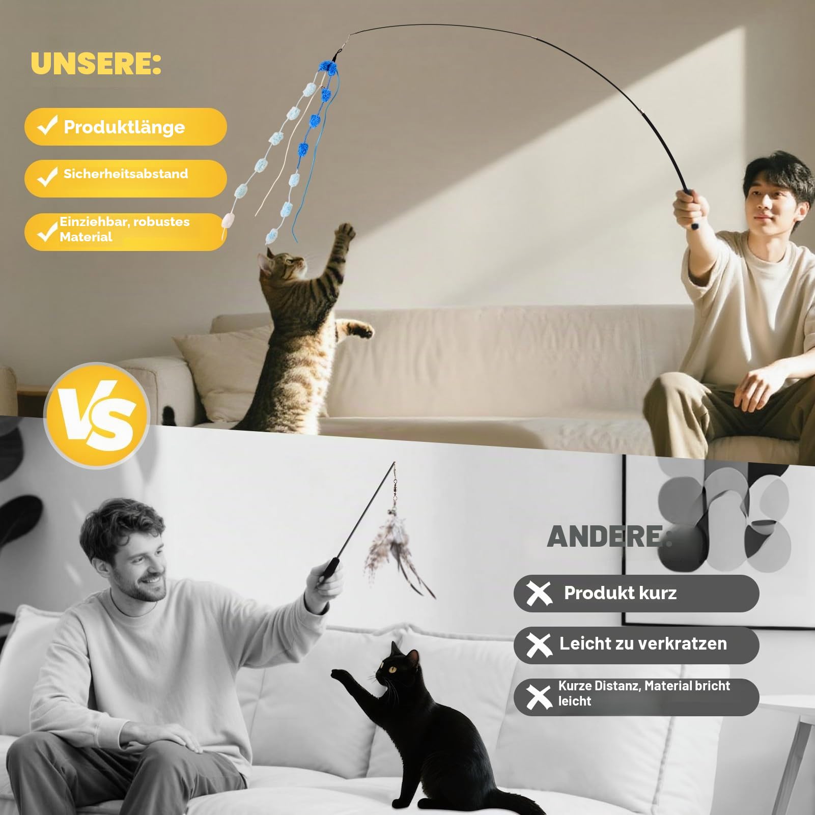 Katzenangel Lang 9tlg, Katzenspielzeug Angel mit 7 Plüschbälle Band Bunt für Katzen und 2 Katzenangel Stabile 98cm Teleskopisch, Cat Toys für Kitten und Katzen, 7tlg&2stange