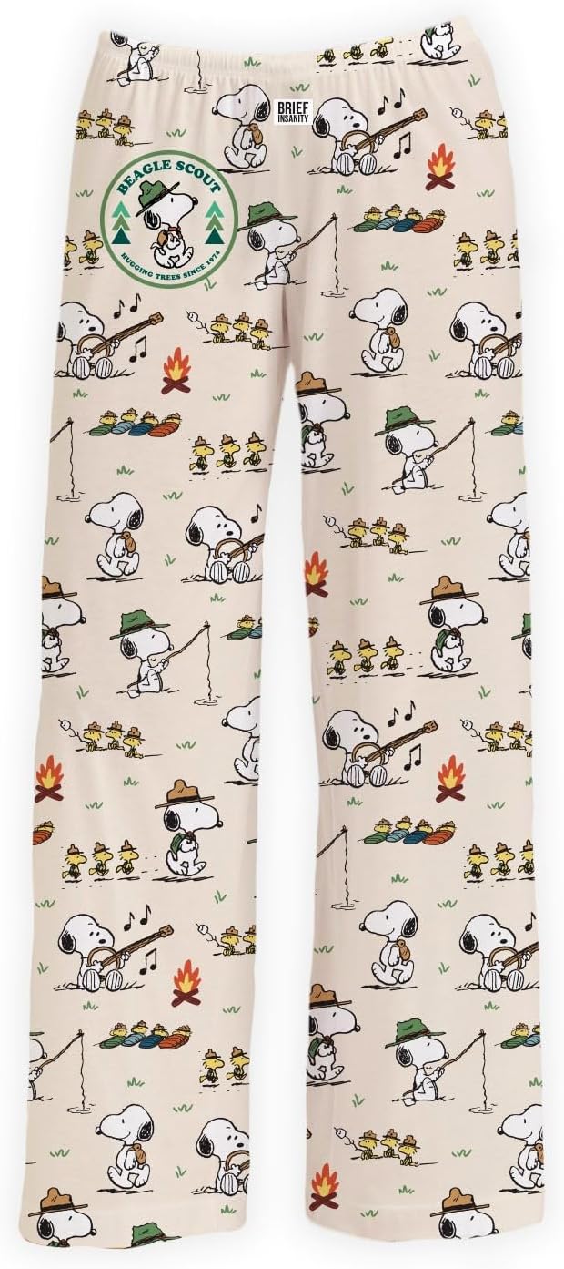 BRIEF INSANITY Peanuts Character Pajama Pants for Men & Women, Soft Snoopy Pajamas with Side Pockets & Elastic Waist