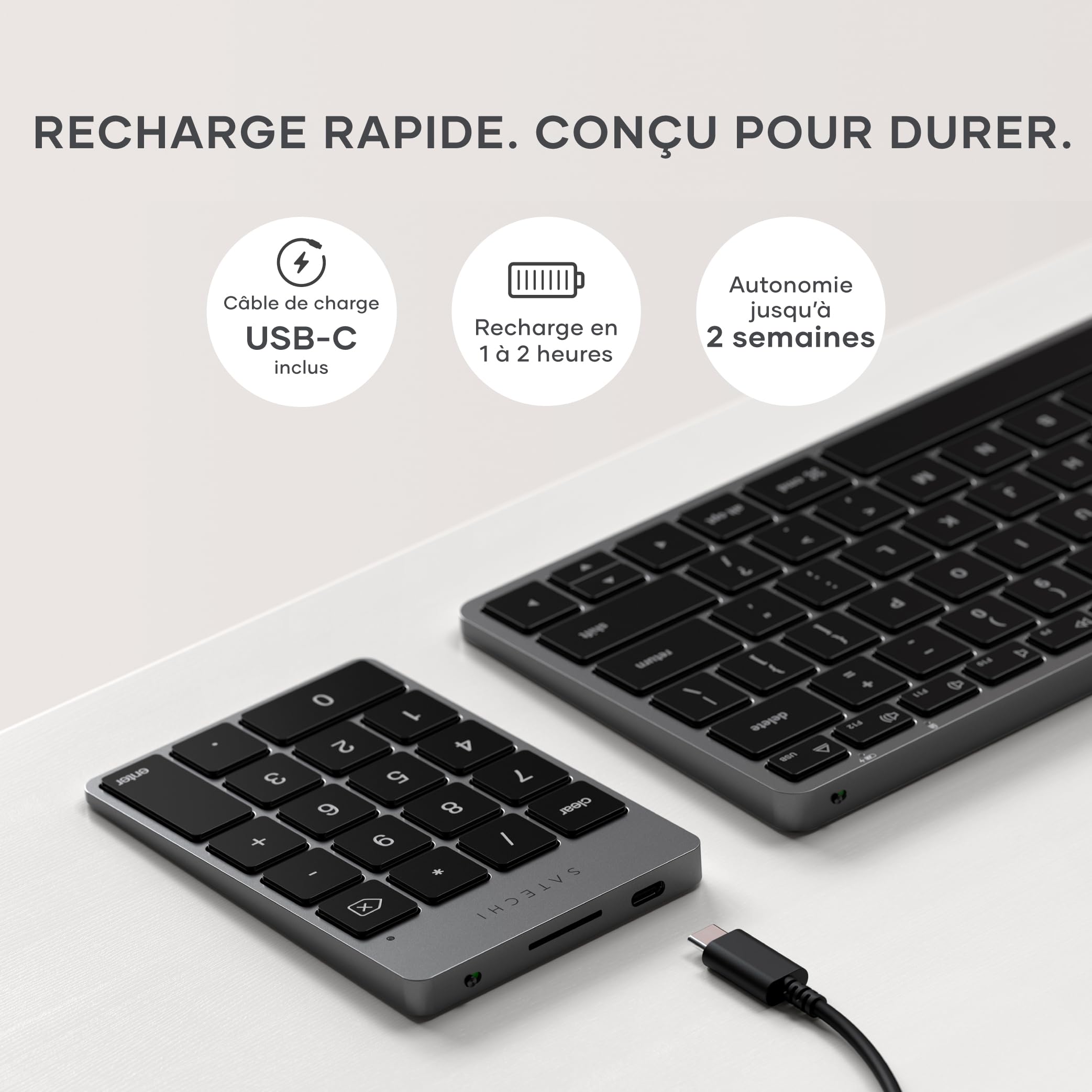 Satechi Pavé Numérique sans Fil Slim en Aluminium à 18 Touches, Bluetooth, Recharge USB-C pour MacBook, PC Portable, iPad (Gris Sidéral, 𝗟𝗮𝘆𝗼𝘂𝘁 𝗨𝗦)