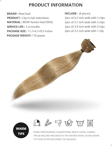 Miniatura 5 de Rose bud REMY - Extensiones de cabello humano con broches, 18 clips, 14 pulgadas, color rubio oscuro, 8 unidades, 2.42 onzas