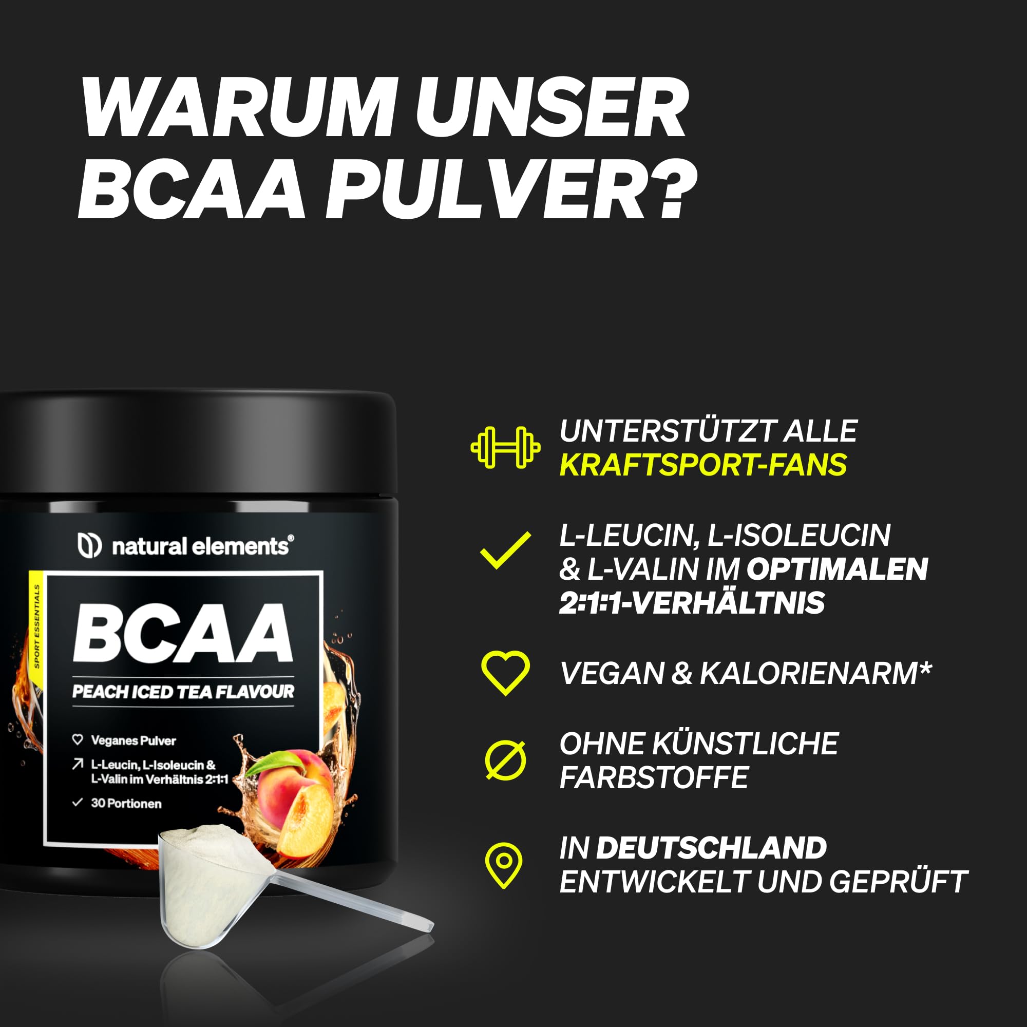 BCAA Pulver – Geschmack: Pfirsich Eistee – 30 Portionen (300g) – Leucin, Isoleucin & Valin im 2:1:1 Verhältnis – kalorienarm, fett- & zuckerfrei* – ohne Acesulfam K – in Deutschland entwickelt