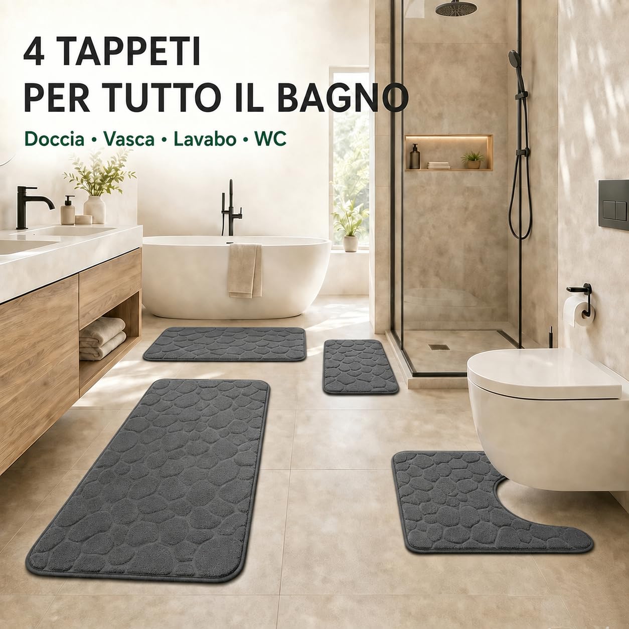 4er Tappeto da Bagno Set, Tappeto da Bagno Antiscivolo in Memory Foam, Assorbente Tappetino e Tappetino per WC - Lavabile in Lavatrice (Grigio Scuro‌)
