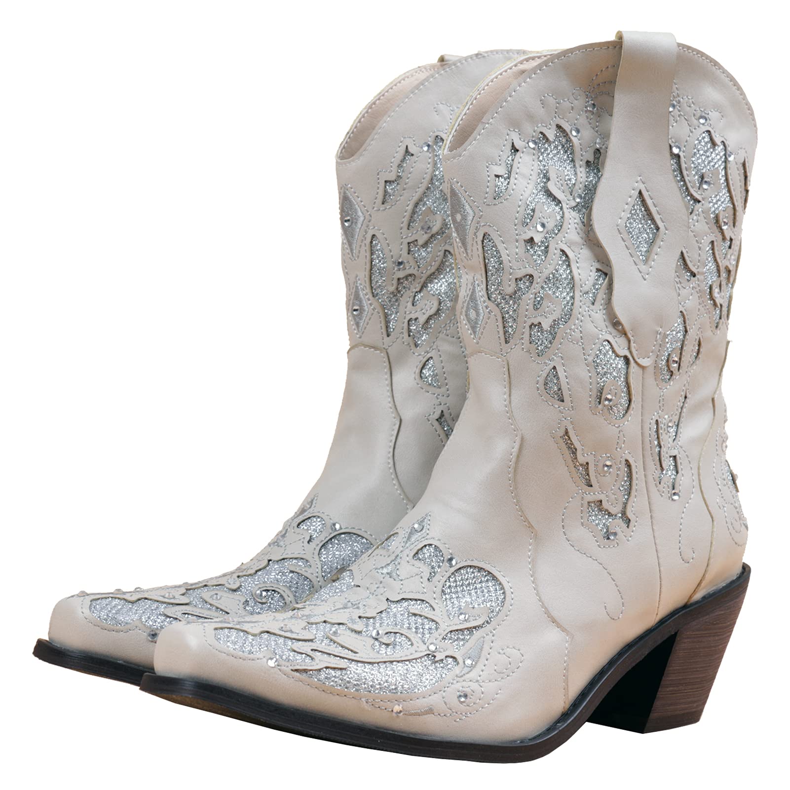 Women Glitter Inlay Crystals Cowgirl Boots Ankle Square Toe Chunky Heel Western Short Boots