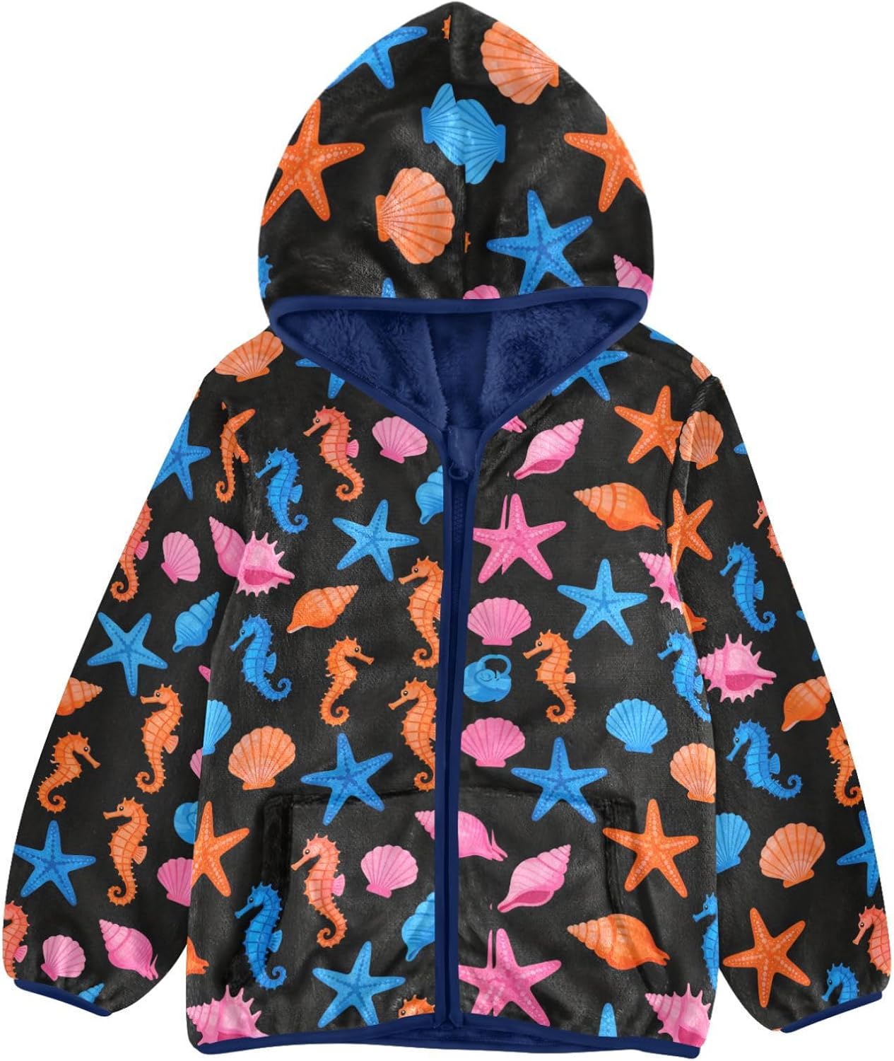 Sea Creature Pattern Toddler Zip Up Jackets Plush Lined Baby Coat Navy Blue Baby Boy Hooded Fleece Jacket