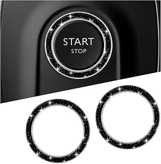 2 PCS Car Bling Ring Sticker, Sparkling Double Rhinestone Auto Ignition Knob Ring Decal, Shiny Crystal Push to Start Button Cover Sticker Engine Decoration for Women Men Girls (Black)