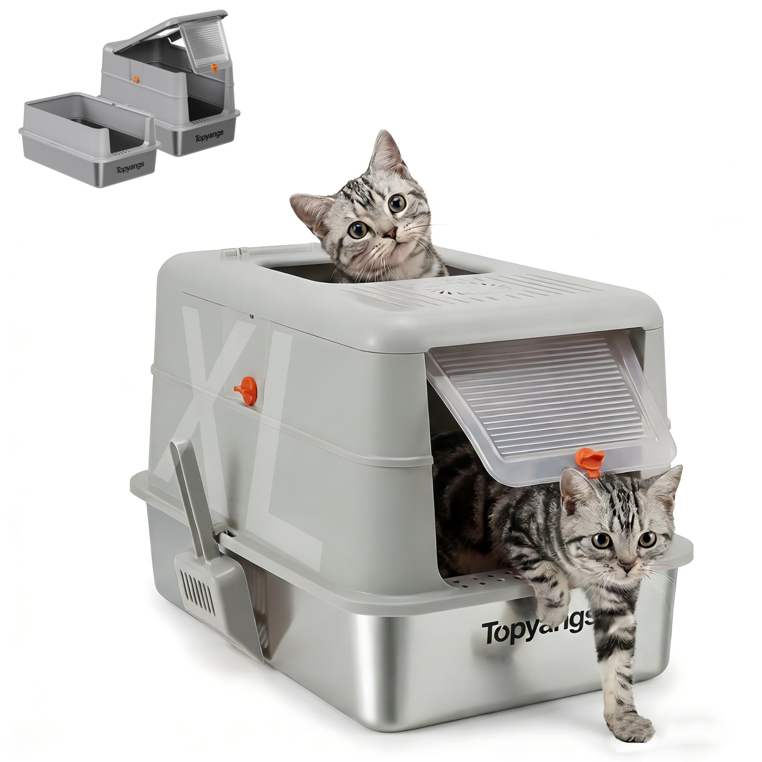Topyangs Stainless Steel Cat Litter Box, Enclosed Odor Control Extra Large Metal Litter Box with Lid, 135° Flip-Top Covered Design, Leak-Proof High Sided Box for Large Cats & Multi-Cat Homes, Gray