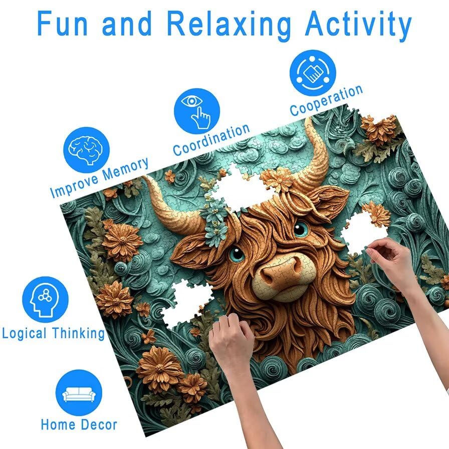 Puzzle 1000 Pezzi Highland Cow, Puzzle Fiore in Legno per Adulti, Misura: 75x50 cm, Puzzles 1000 Pezzi per Adulti, Giochi Educativo per Famiglie, Puzzles per Idea Regalo Donna, Decorazioni Casa, -5441