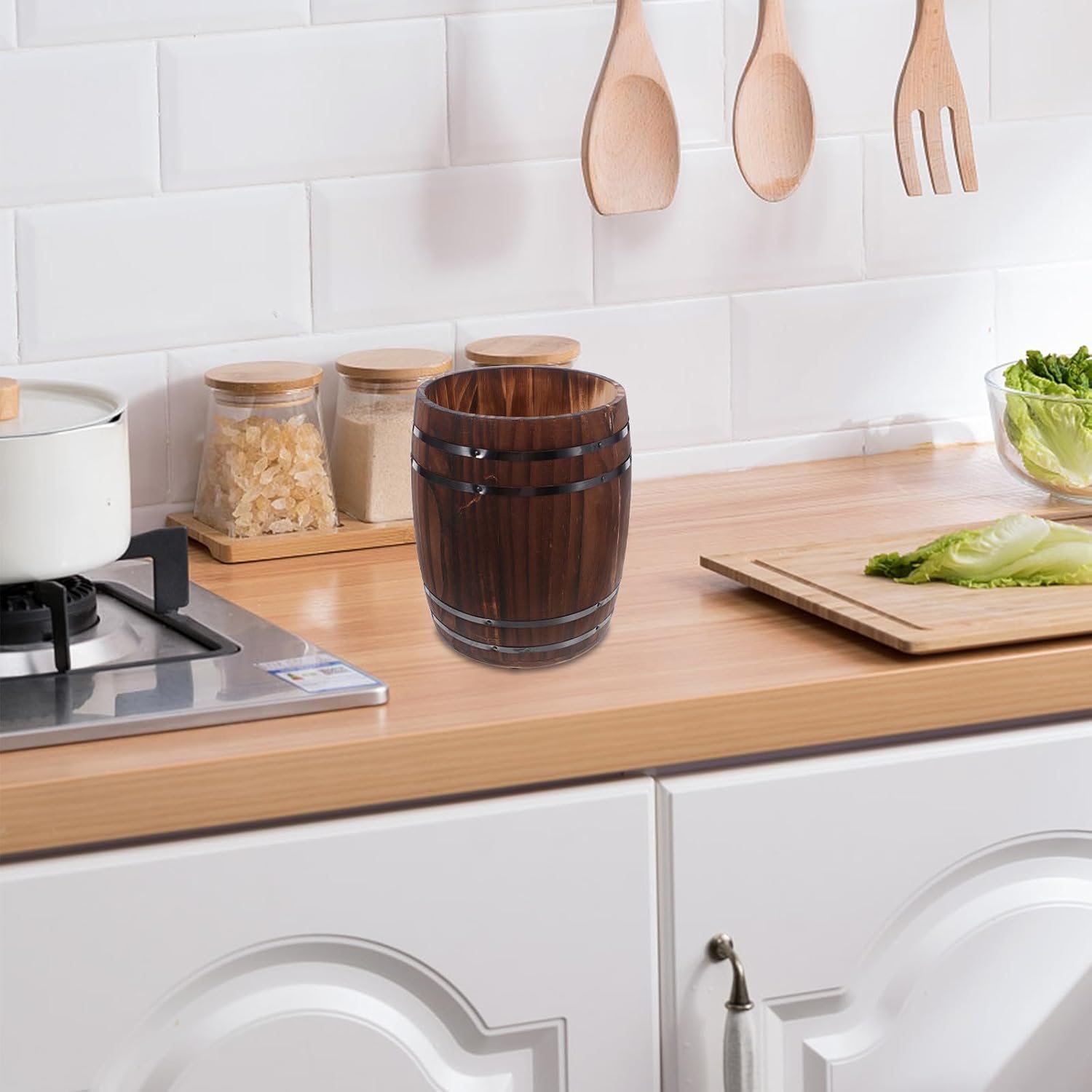 Luxshiny Wooden Chopstick Box Organizer Barrel Shape 7.27x5.7in Rustic Utensil Crock for Chopsticks, Spoons Storage Suitable for Kitchen Counter and Dining Table