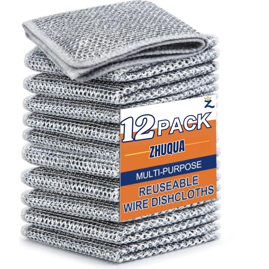 Zhuqua 12 Pack Non-Scratch Wire Dishcloth, Multipurpose Wire Dishwashing Rags for Wet and Dry, Easy Rinsing, Reusable, Wire Cleaning Cloth for Kitchen, Sinks, Pots