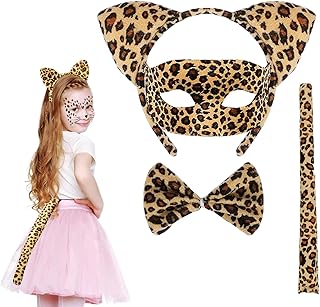 Halloween Cat Character Leopard Pattern Playing Set Accessories Cat Leopard Pattern Ear Hoops Leopard Pattern Mask Bowtie and Tail Accessories Women's Role Playing Adult Party Clothing