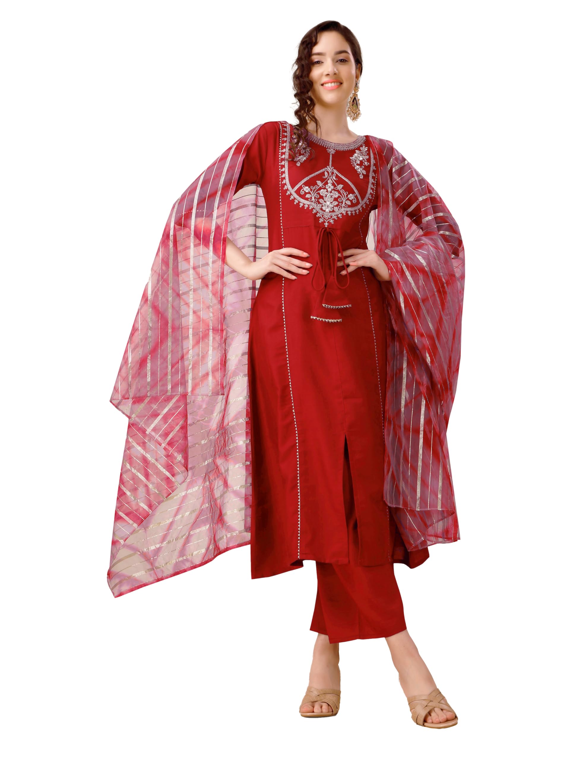 EthnicJunction Womens Chinon Embroidered Straight Front Slit Kurta Palazzo & Organza Dupatta Set(SKD36-Begum-Red_M) (B0D2TYCMQK) Amazon Price History, Amazon Price Tracker