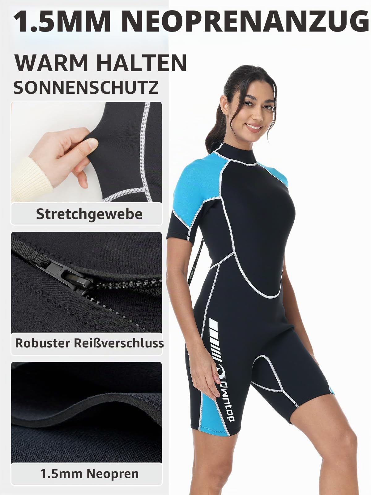 Owntop 1,5mm Shorty Neoprenanzug Damen Herren Kurz - Rücken-Reißverschluss Wetsuit zum Tauchen Surfen, Kurzarm Taucheranzüge Stretchen Neopren für Wassersport, Damen Blau XXL