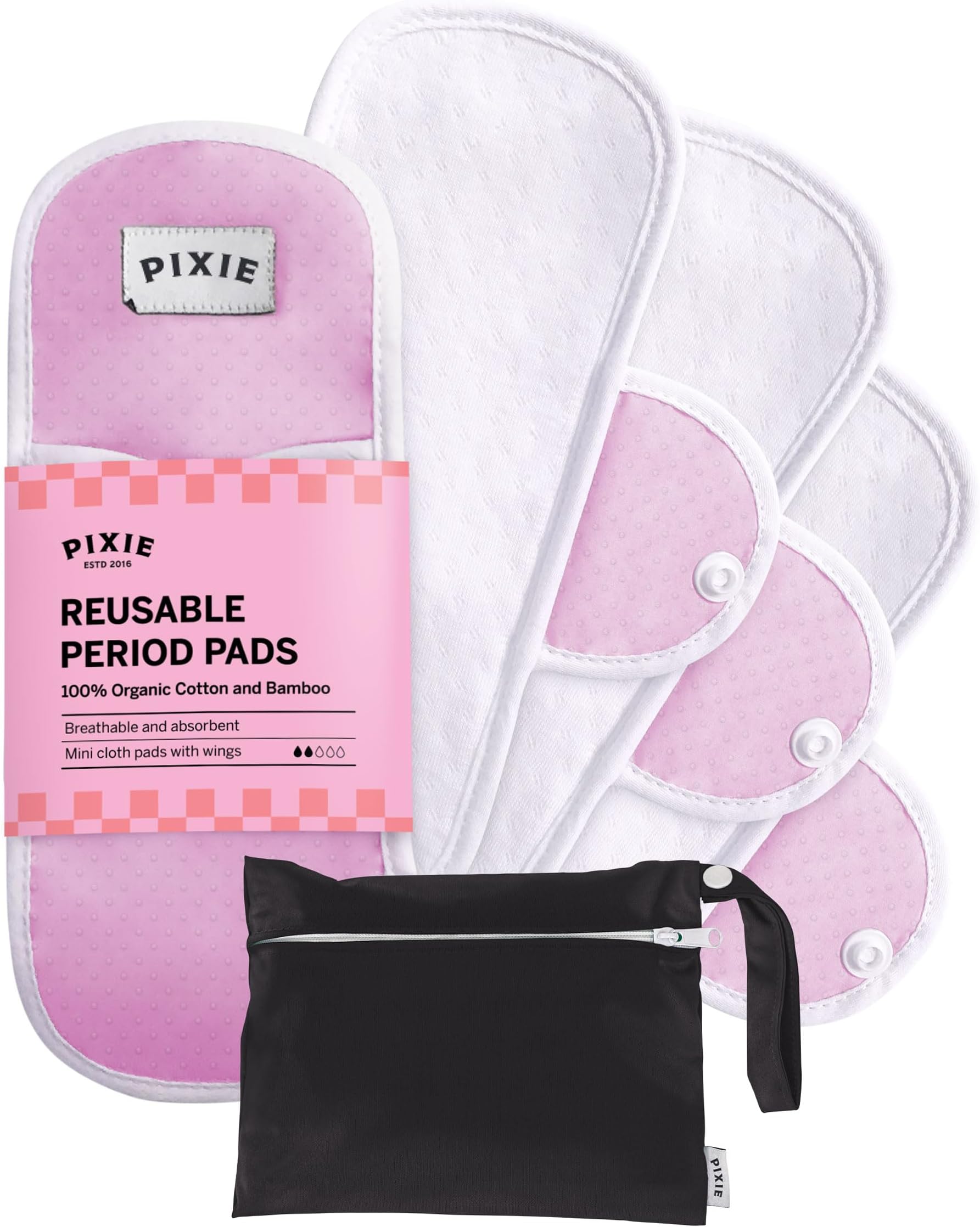 Pixie Organic Cotton Cloth Menstrual Pads - Reusable Mini Size 5 Pack - Certified Organic Cotton Top Layer - Snap Wings for Secure Fit - Machine Washable - Wet Bag Included