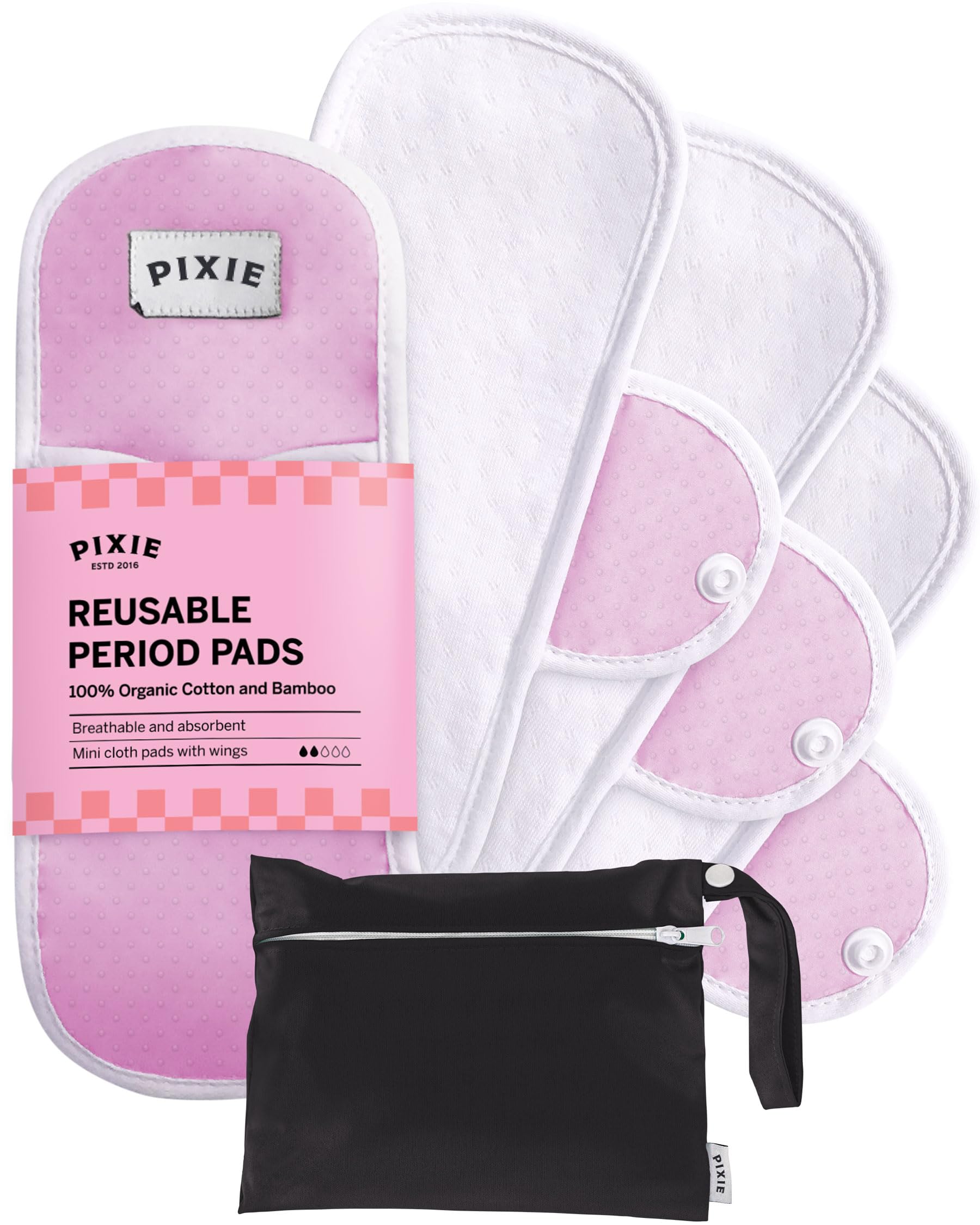 Pixie Cotton Cloth Pads - 100% Organic Reusable Cotton -Ranked 1 for Softest Menstrual Sanitary Napkins - Machine Washable & Includes Free Wet Bag - Menstrual Liner (Mini)