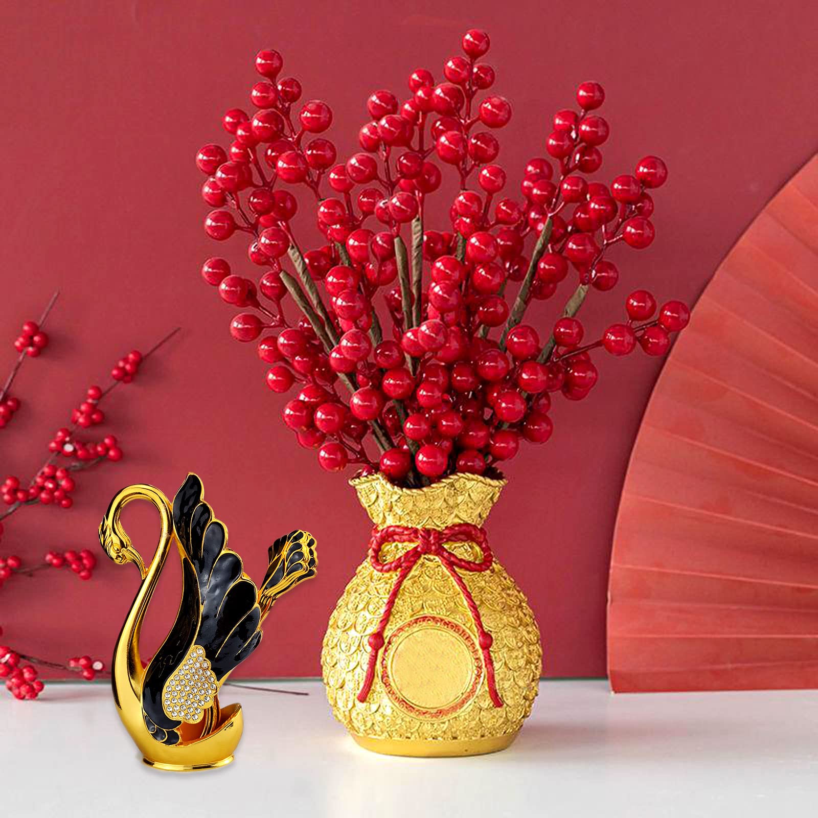 FACULX Porta Cucchiaini A Forma Di Cigno Con 6 Cucchiai Da Dessert In Acciaio Inossidabile Oro - Set Posate Per Caffè, Gelato, Tè - Elegante Regalo Da Cucina