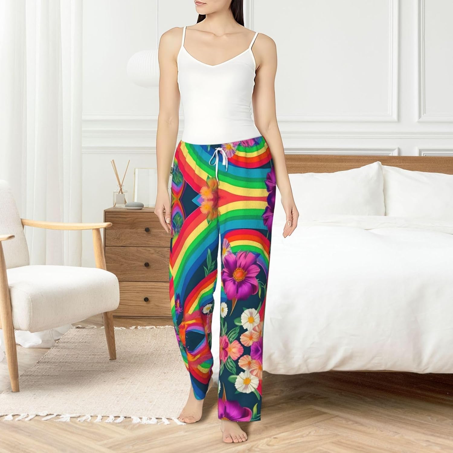Rainbow Flowers Print Cozy Christmas Pajama Pants,Flannel Pajama Bottoms,Cater To Various Body Types