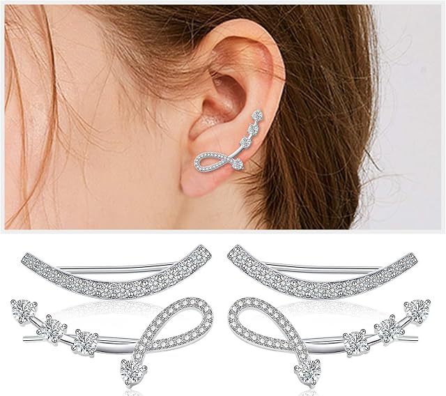 Sterling Silver Cubic Zirconia Ear Climber - Hypoallergenic Ear Cuffs Crystal Ear Crawler Cuff Earrings Set for Women Girls