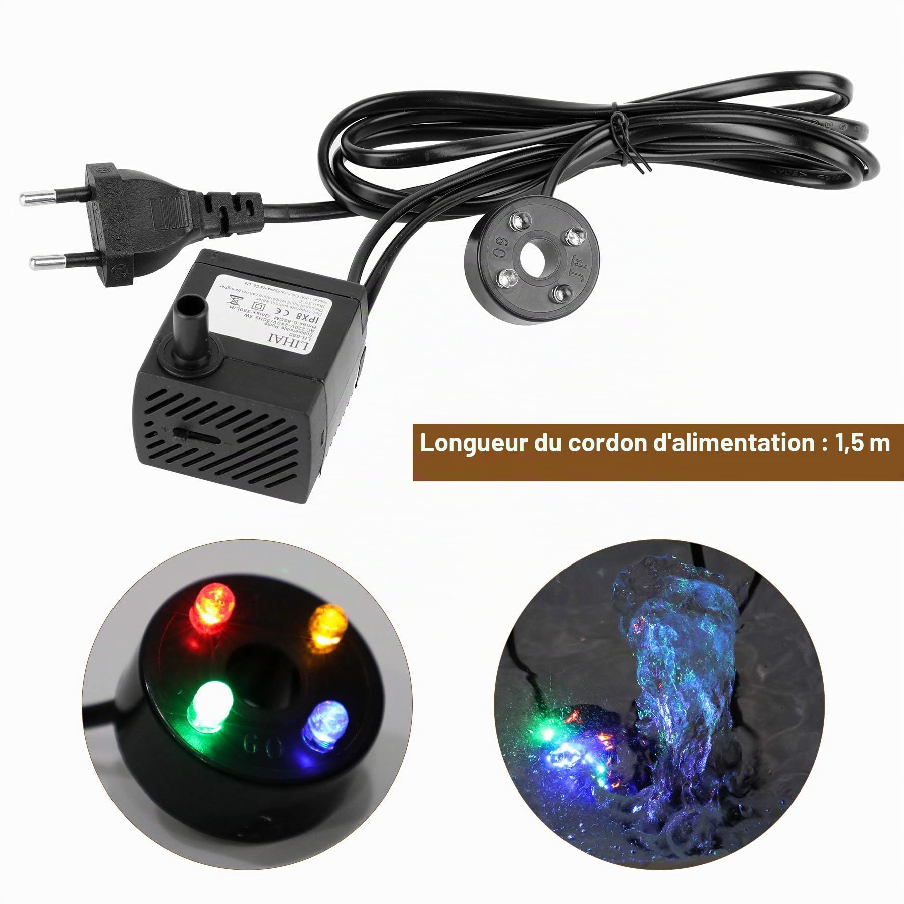 Mini pompe à eau avec 4 lumières LED 350 l/h 3,5 W, pompe à eau d'aquarium pour jardin, fontaine, rocaille, pompe à eau pour jardin, pompe submersible, hauteur de refoulement maximale 0,85 m