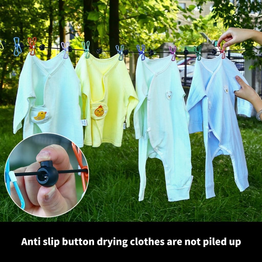 Portable Elastic Clothesline Twin Pack Including Durable Clip and Weatherproof Hook Flexible Drying Cord for Travel