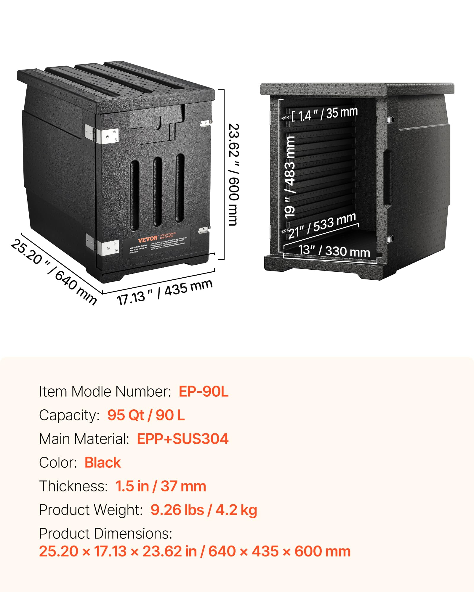 VEVOR Conteneur Isotherme 90 L Boîte de Transport en LLDPE à Chargement Frontal Portable pour Garder au Chaud ou Froid Bacs Alimentaires Traiteur Restauration Restaurant Cantine 640x435x600 mm