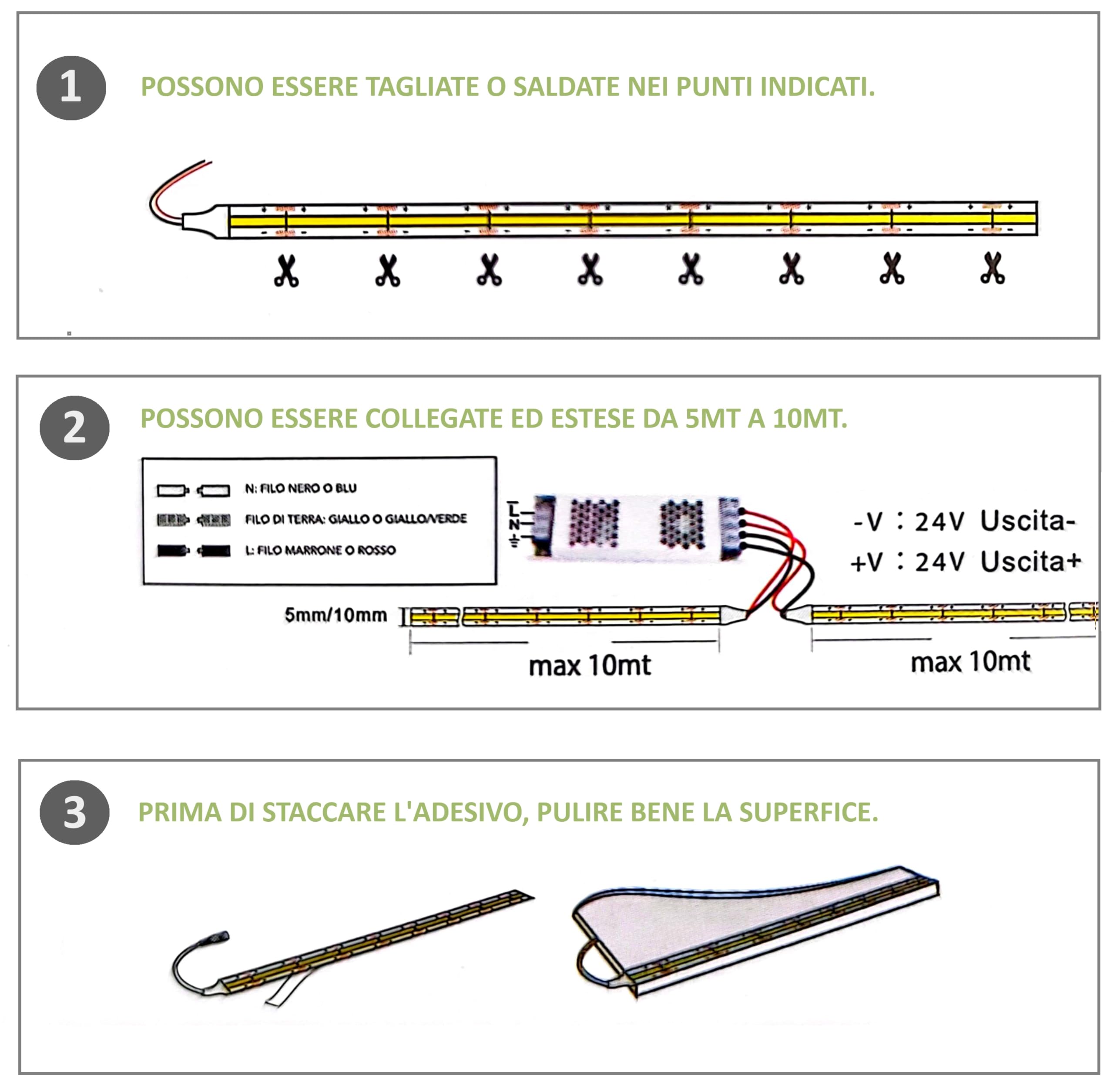 TOT ELECTRIC STRISCIA LED COB bobina 50 metri 24V 12W /m strip alta luminosità dimmerabile adesiva Luce Bianca