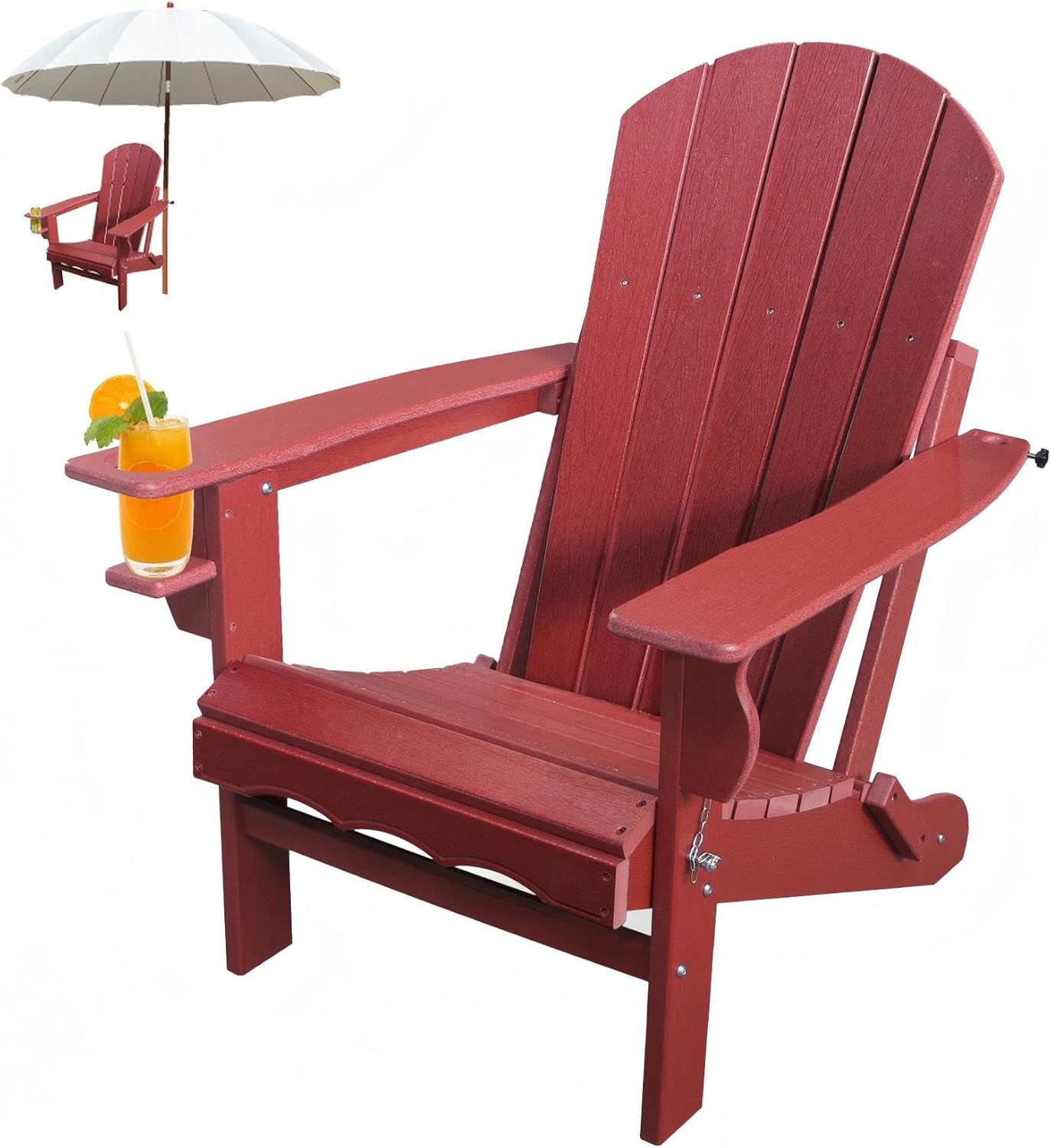 Folding Adirondack Patio Chairs, HDPE Fire Pit Chairs Weather Resistant, Outdoor Adirondack Chair with Cup Holder and Umbrella Hole, Wood Texture, Dark Red