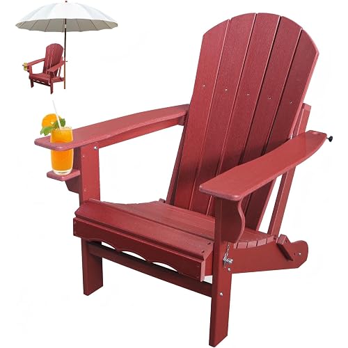 Folding Adirondack Patio Chairs, HDPE Fire Pit Chairs Weather Resistant, Outdoor Adirondack Chair with Cup Holder and Umbrella Hole, Wood Texture, Dark Red
