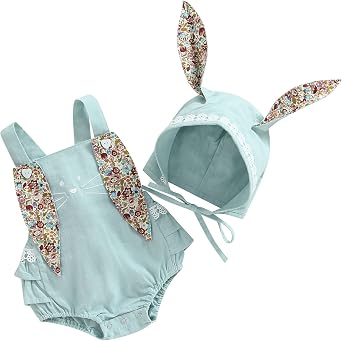Madjtlqy Toddler Baby Girls Easter Outfit Romper/Dress Sleeveless Bunny Ear Sister Mathing Clothes with Tail