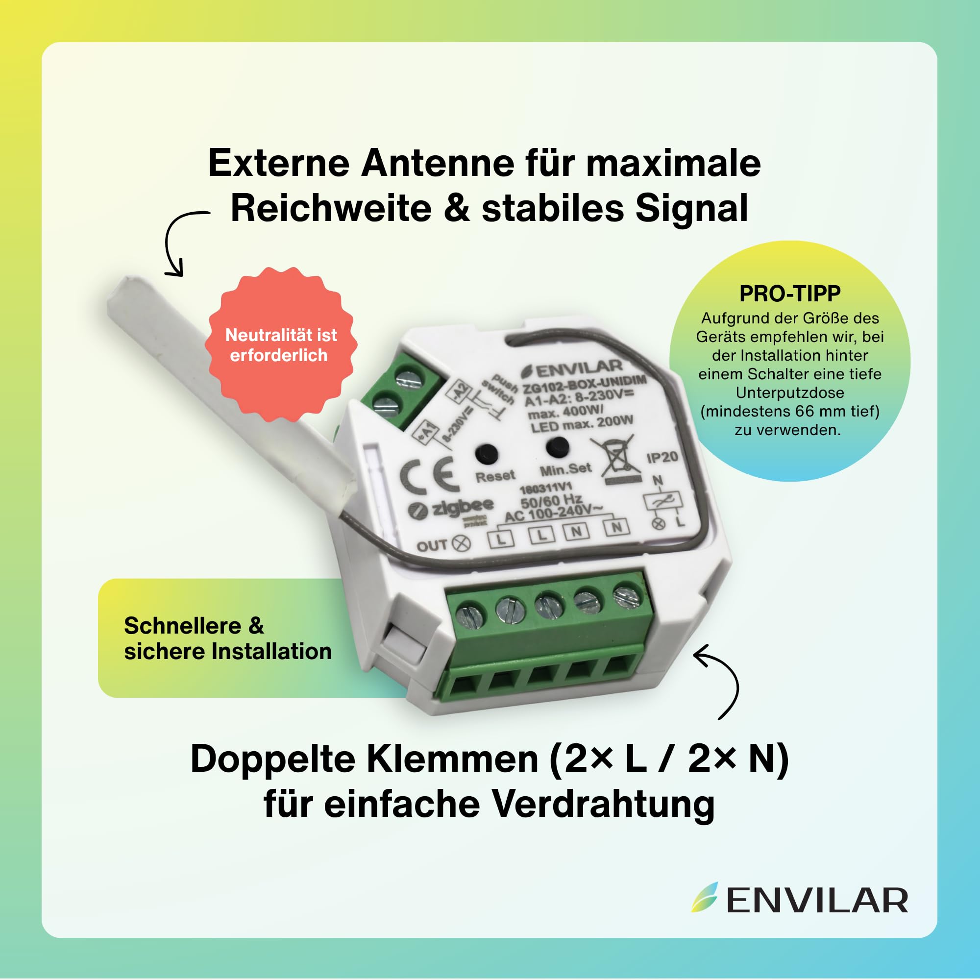 Zigbee 3.0 LED Dimmer 230V Unterputz – Smart Home Dimmer Schalter kompatibel mit Philips Hue, IKEA & Homey – Dimmaktor für Taster (0-200W) – Kompakter Zigbee Schalter (1)