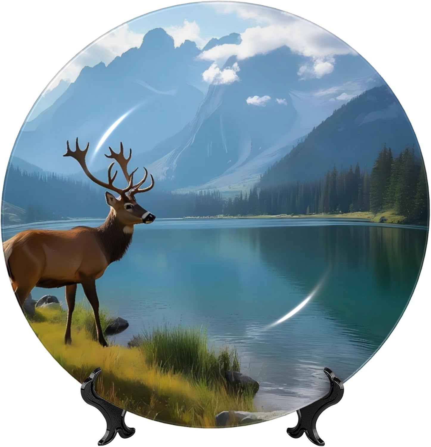 Decorative Plate Ceramic Plate for Wall Hanging 10in Accent Plate for Office Living Room Hallway Table Decor - Majestic Deer Mountain Lake