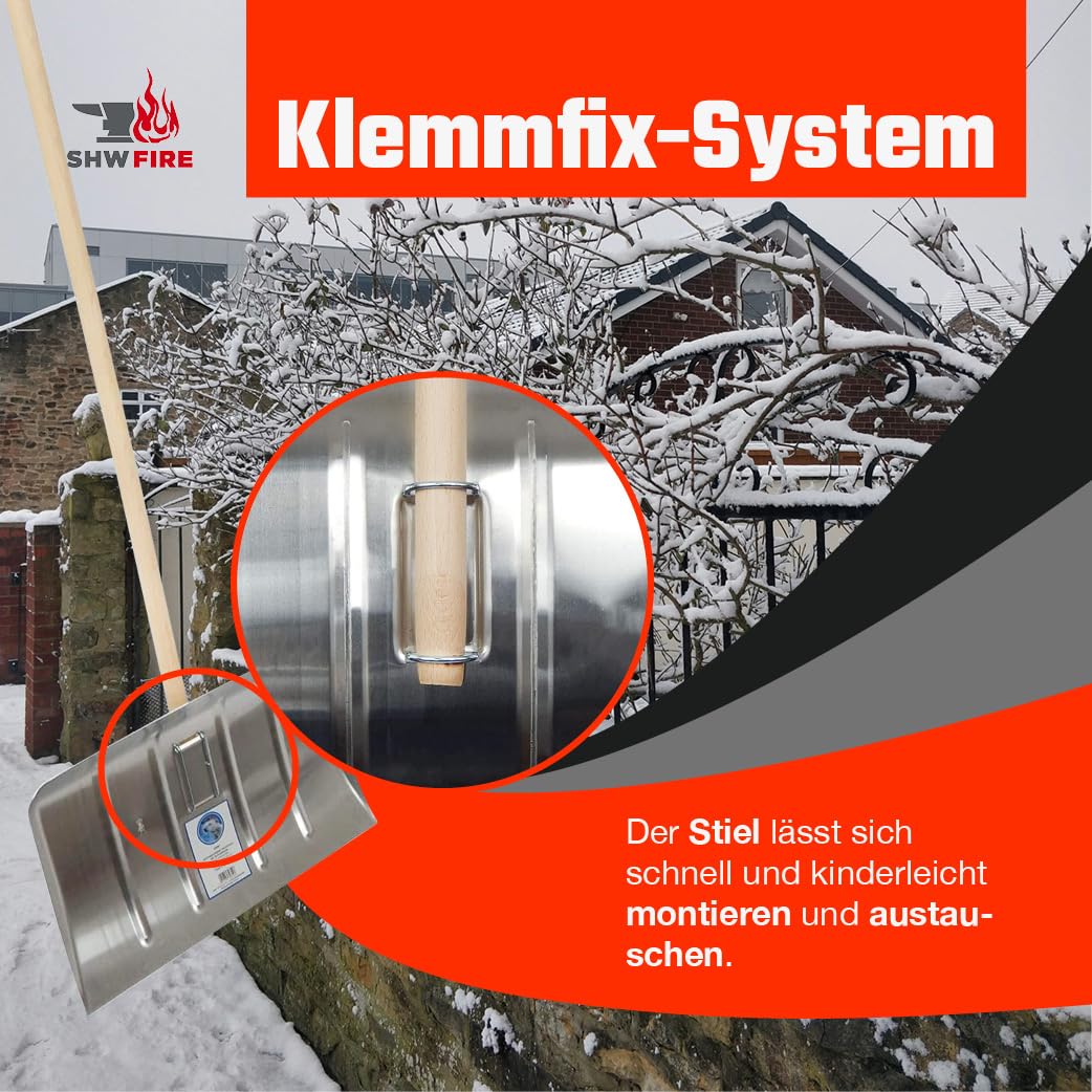 SHW-FIRE | Angara Schneeschieber Aluminium 35x50 cm mit Klemmfix Schnellbefestigung und robustem Holzstiel, ideal für effiziente Schneeräumung | Made in Germany