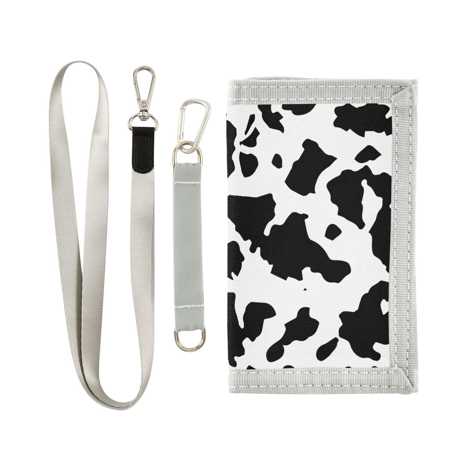 JHKKU Cow Print Kids Wallet for Boys Girls, Teen Canvas Trifold Purse with Zipper Coin Pocket