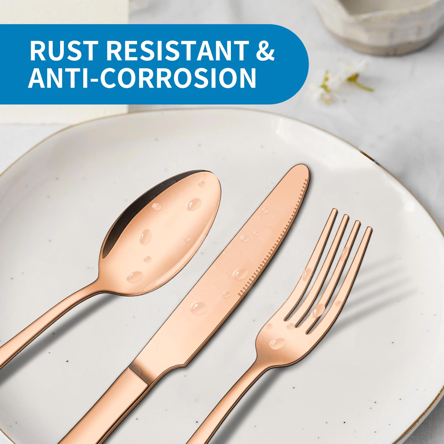 ENLOY - Juego de cubiertos de cobre mate de 20 piezas, juego de cubiertos de acero inoxidable dorado rosa para 4, juego de utensilios de cocina para 4, incluye cuchara, tenedor y cuchillo, pulido con