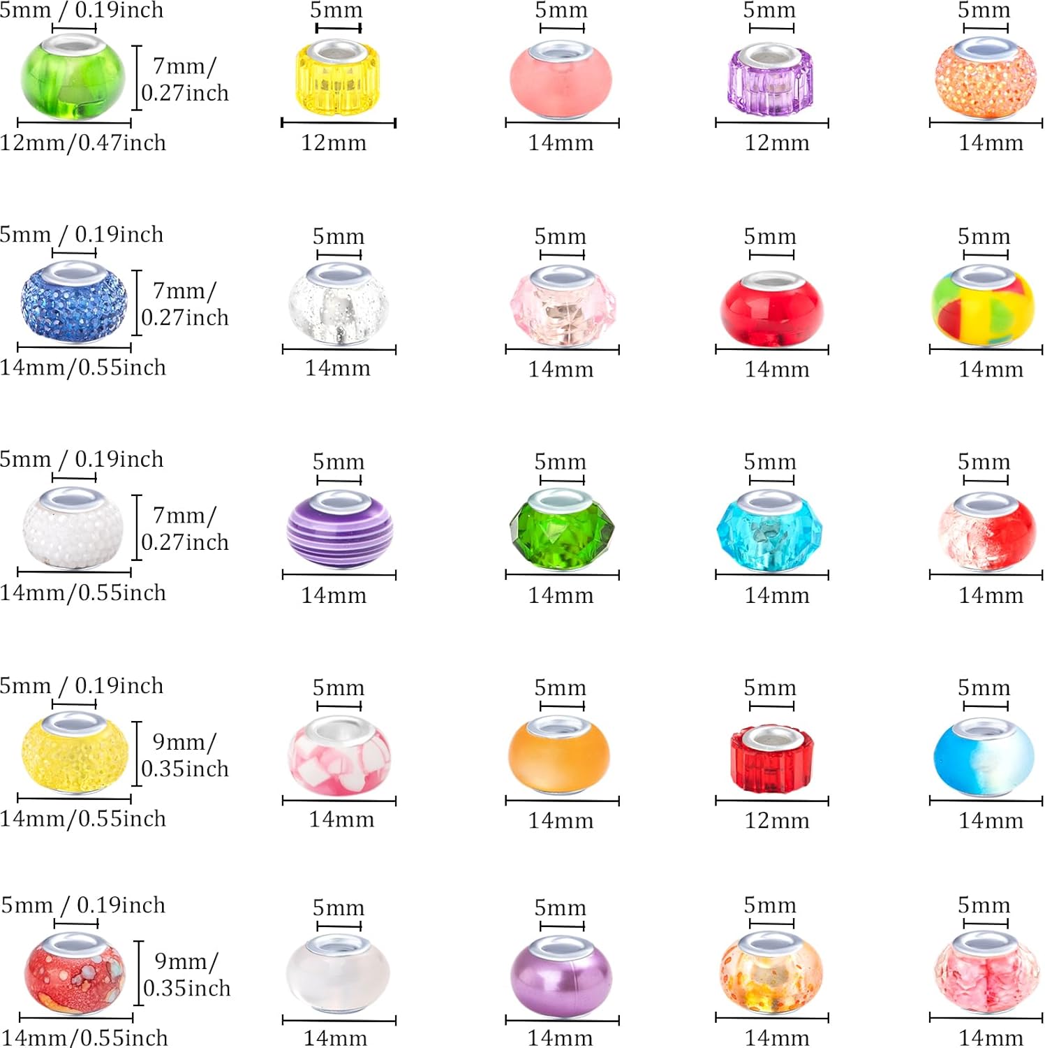 500 Pieces Large Hole Beads, Assorted European Craft Beads White Big Hole Fairy Wands Garden Beads Large Hole Lampwork Spacer Beads for DIY Pens Charms Bracelet Necklace Jewelry Making Supplies