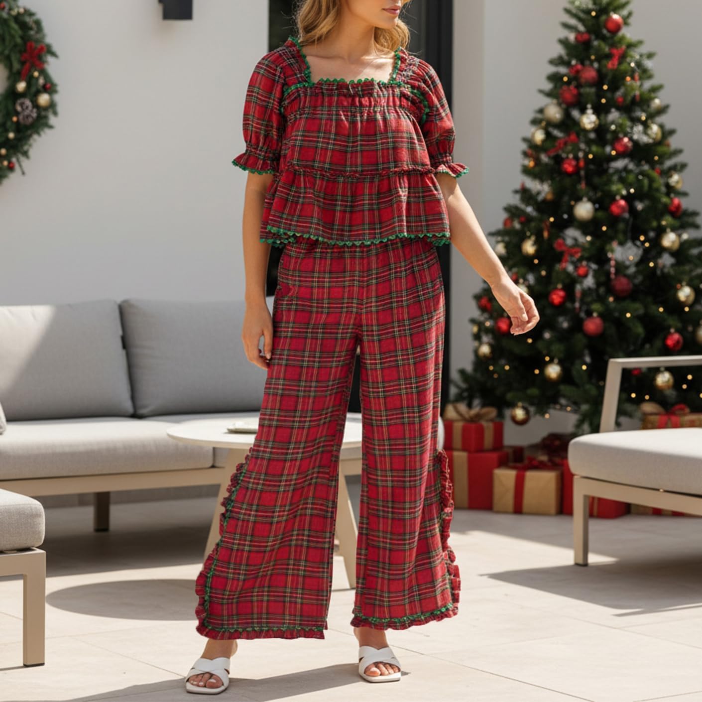 Women Christmas Pajama Set Puff Sleeve Ruffle Hem Plaid Babydoll Blouse Side Split Wide Leg Pants Y2k Gingham Pjs - Image 4