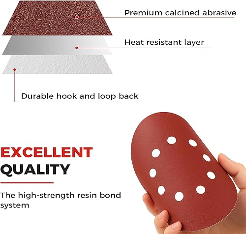 Miniatura 5 de 70 discos de lijado de 9 pulgadas, discos de lijado autoadhesivos de 8 agujeros, discos de papel de lija surtidos 6080120150180240 para lijadora de