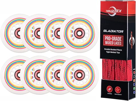 Rollerex Lollipop Boardwalk Inline Skate Wheels 8-Pack with Bearings, Spacers and Washers Use on Roller Blades 80mm Gladiator Waxed Skate Laces