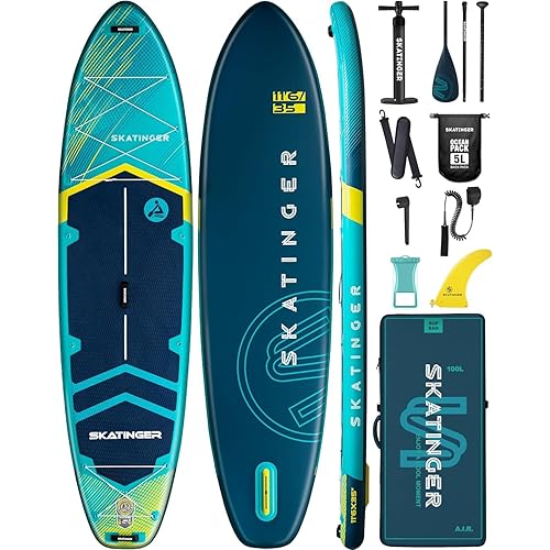Skatinger 11'6×35" Super Wide Inflatable Paddle Board, Ultra Stable Stand Up Paddleboards for 450lb/3 People/Family/Big Size w/Shoulder Strap, 100L Backpack, All-Round Sup Board, US Fin