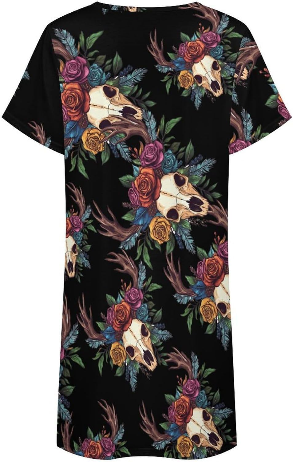 Deer Head Skull Roses Feathers Women's Nightgowns Short Sleeve Night Shirts Sleepwear Soft Sleep Dress Pajamas