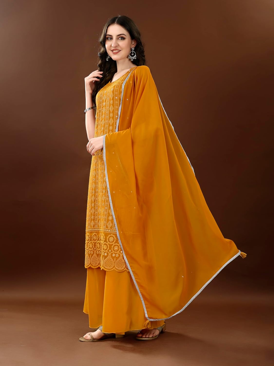 Shopping Queen Women's Georgette Chikankari Embroidery Kurta set with Dupatta
