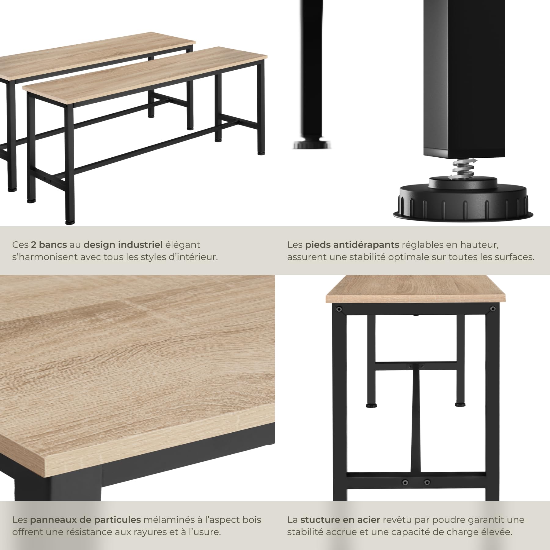 TecTake® Lot de 2 Banc de Salle à Manger Cuisine en Bois et Acier Style Industriel 108x32,5x50 cm Scandinave Meuble Cuisine Meuble Salon Meuble Salle a Manger Meuble entrée Meuble Chambre