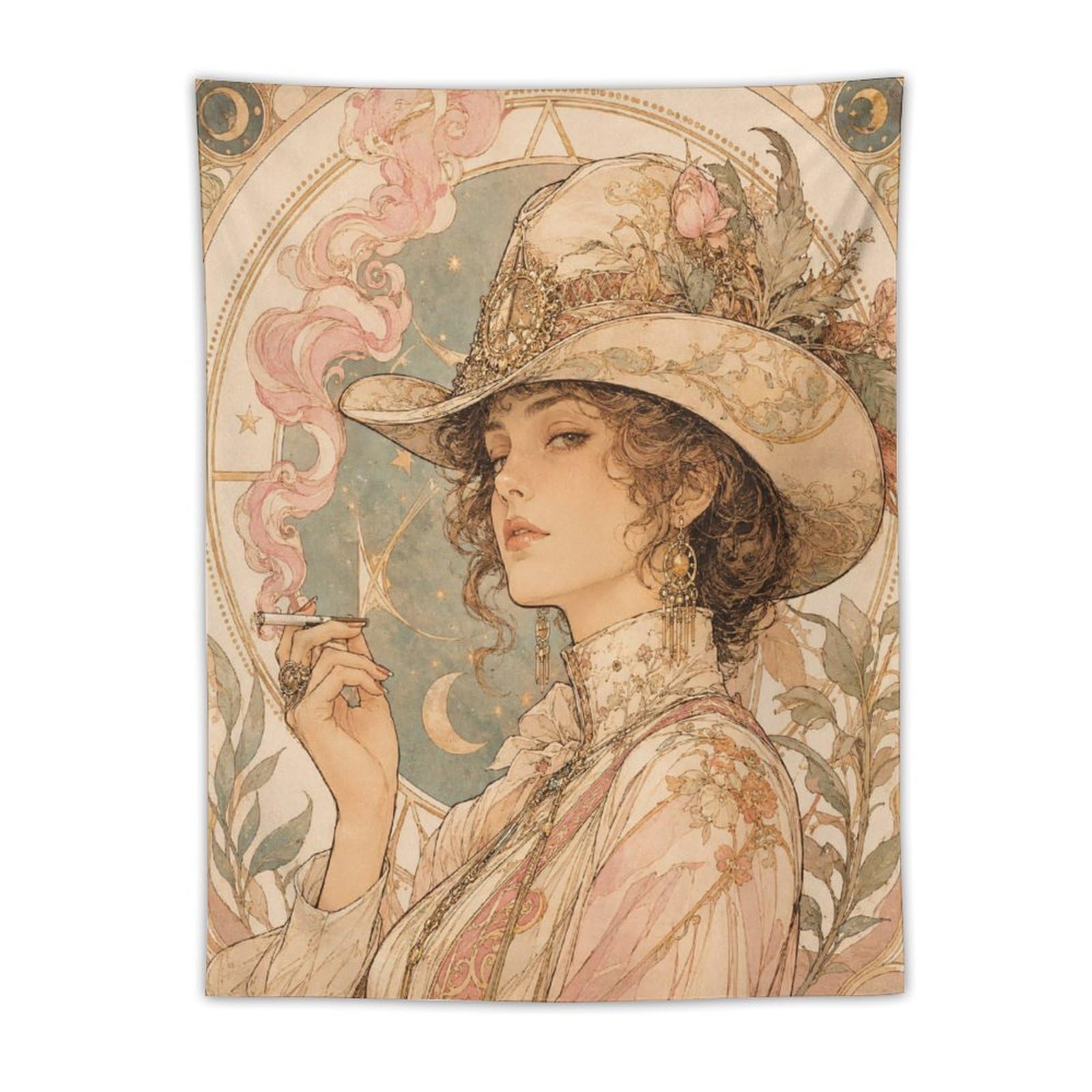 W7C8U2X3 Cowgirl with UFO Hat Wall Tapestry, Art Nouveau, College Dorm