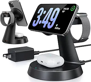 3 in 1 Wireless Charging Station for Apple Mag-Safe 15W Fast Charger Stand for Multiple Apple Devices Magnetic Charger for iPhone 16 Pro Max/16 Pro/16/15/14/13/12, AirPods, iWatch Series(Black)