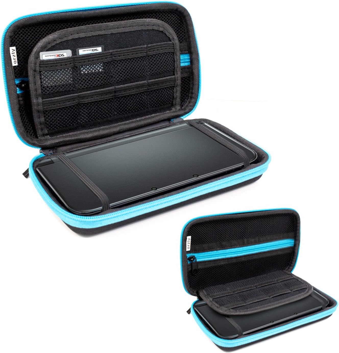 Orzly 3DS XL Case - Protective Hard Shell Portable Travel Case for 3DS Consoles with Slots for Games & Zip Pocket - Blue on Black